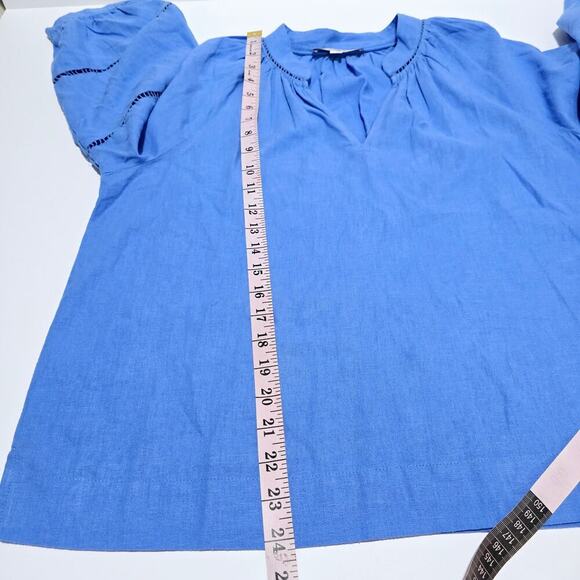 LOFT Women's Boho Linen Blend Top Sz L Blue V-Neck Cutout Lightweight 3/4 Sleeve - Picture 7 of 9
